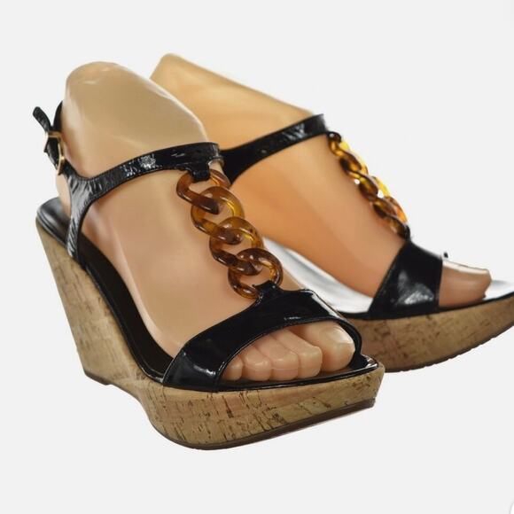 Vaneli Emalee Black Patent Ankle Strap Cork Wedge Peep Toe Sandals Sz 8 - Picture 4 of 11